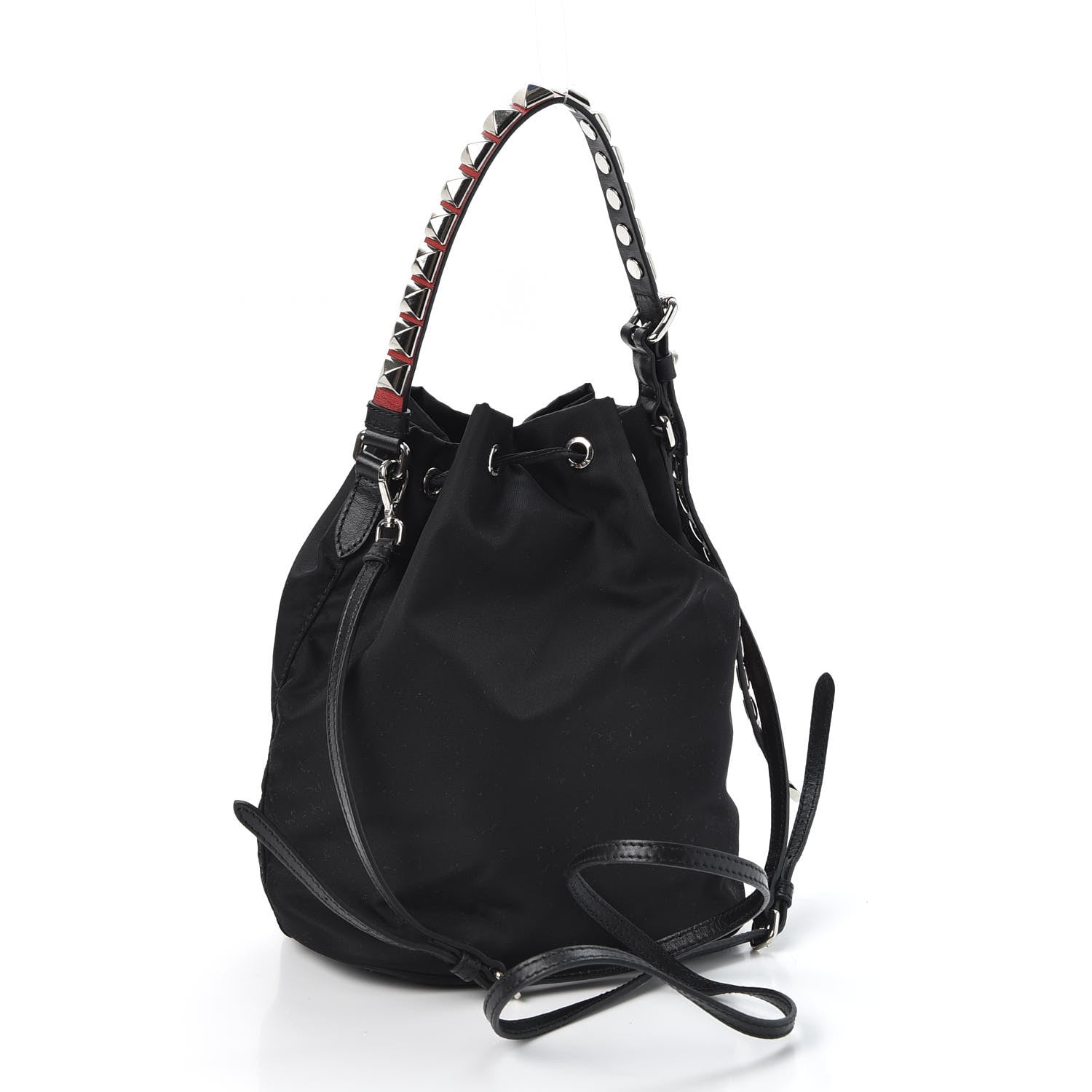 Prada Tessuto Nylon Studded New Vela Mini Bucket Crossbody Bag Black Fuoco 2 of 10