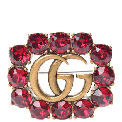 Gucci Metal Crystal Double G Brooch Aged Gold Red 1 of 5