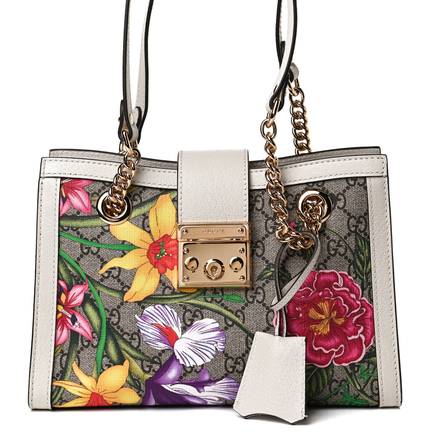 GG Supreme Monogram Flora Textured Calfskin Small Padlock Tote Beige Ebony Multicolor Mystic White