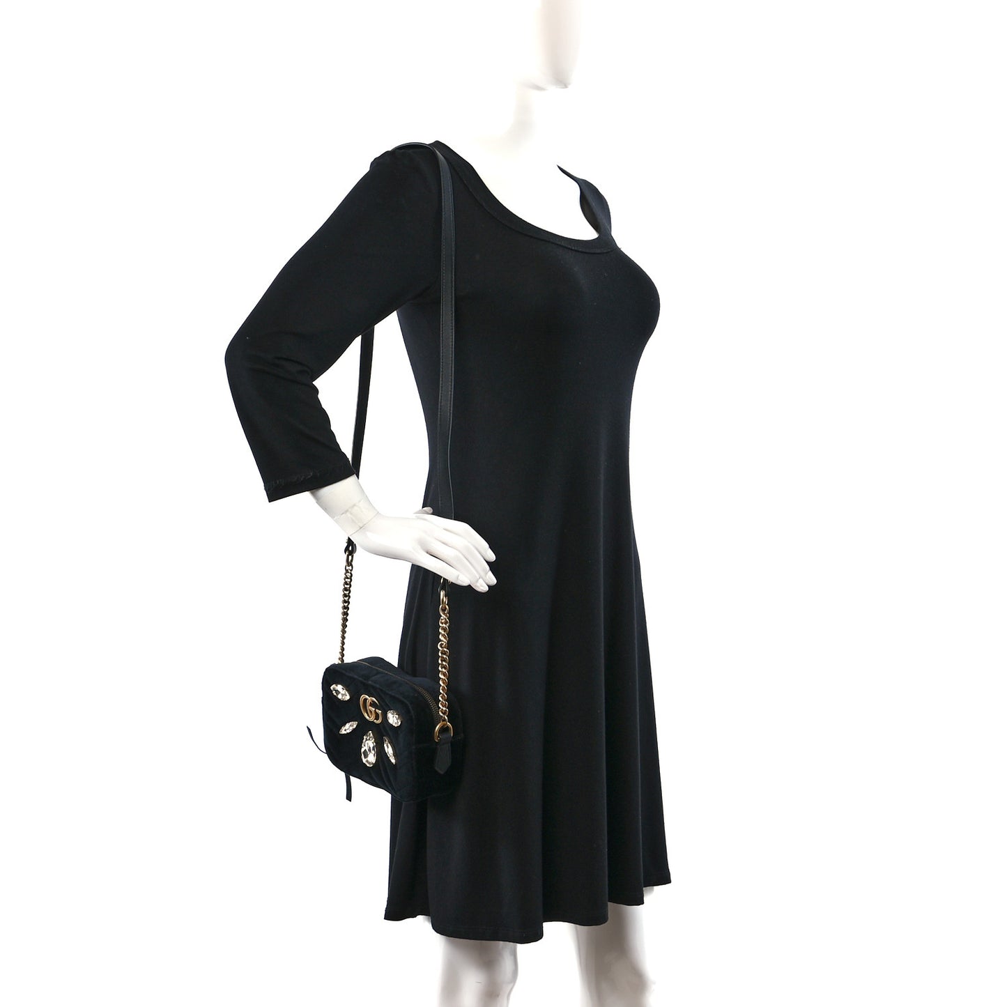 Velvet Matelasse Marquise Crystals Mini GG Marmont Chain Shoulder Bag Black