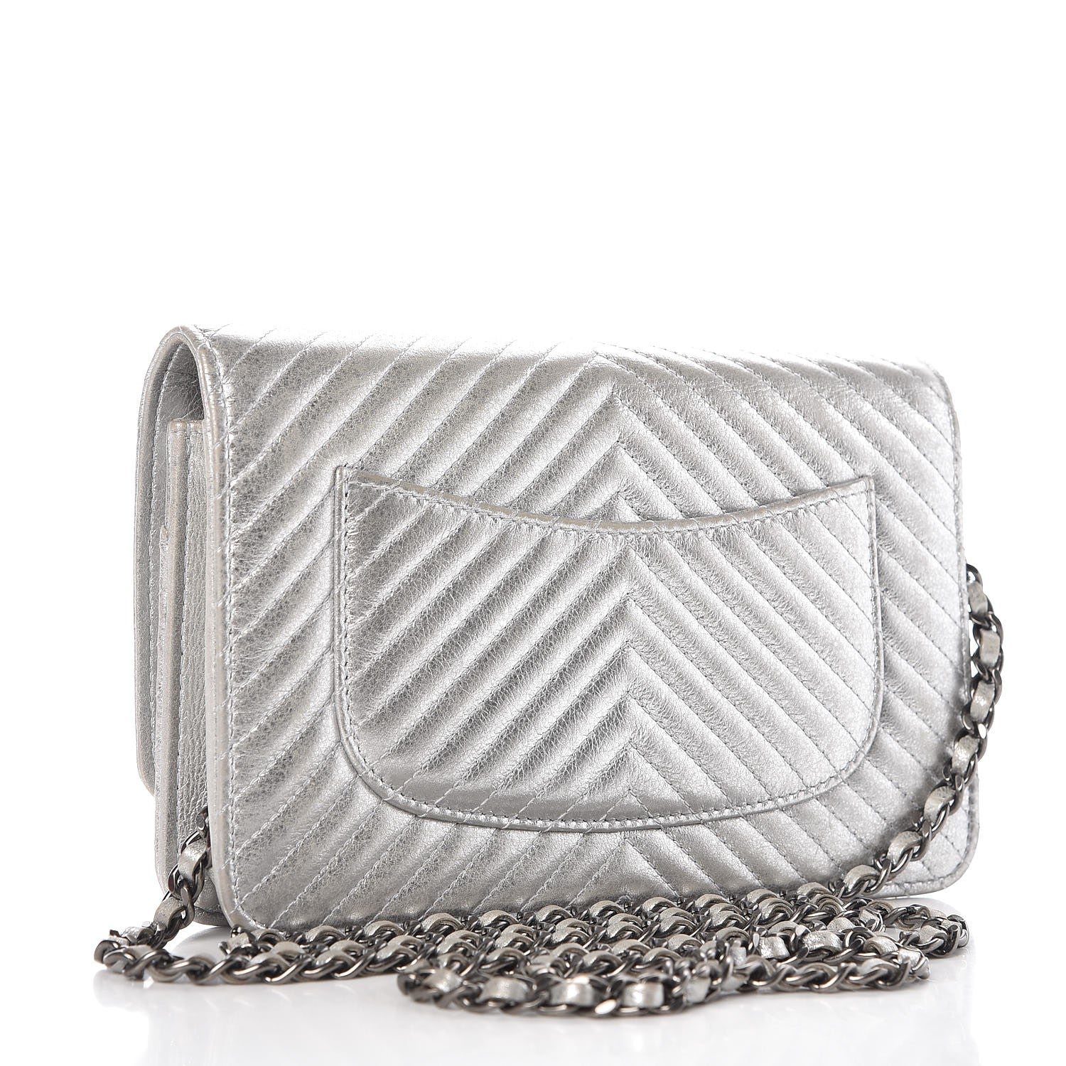 Chanel Metallic Lambskin Chevron Wallet On Chain WOC Silver 3 of 13