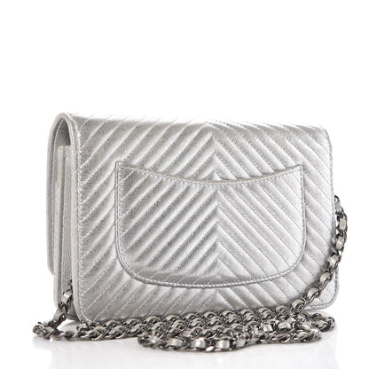 Chanel Metallic Lambskin Chevron Wallet On Chain WOC Silver 3 of 13