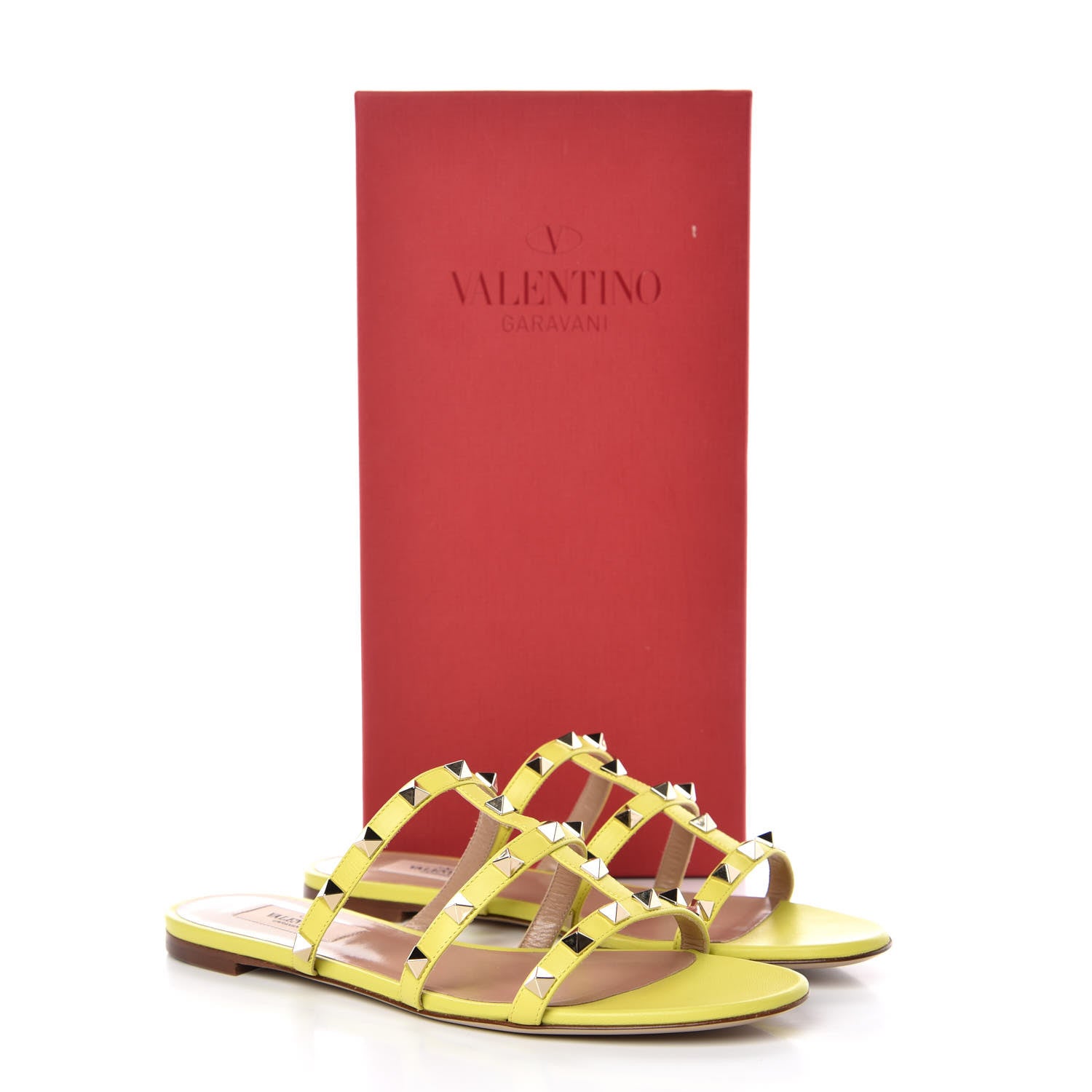 Valentino Garavani Nappa Rockstud Caged Flat Slide Sandals 38 Acid Yellow 9 of 9