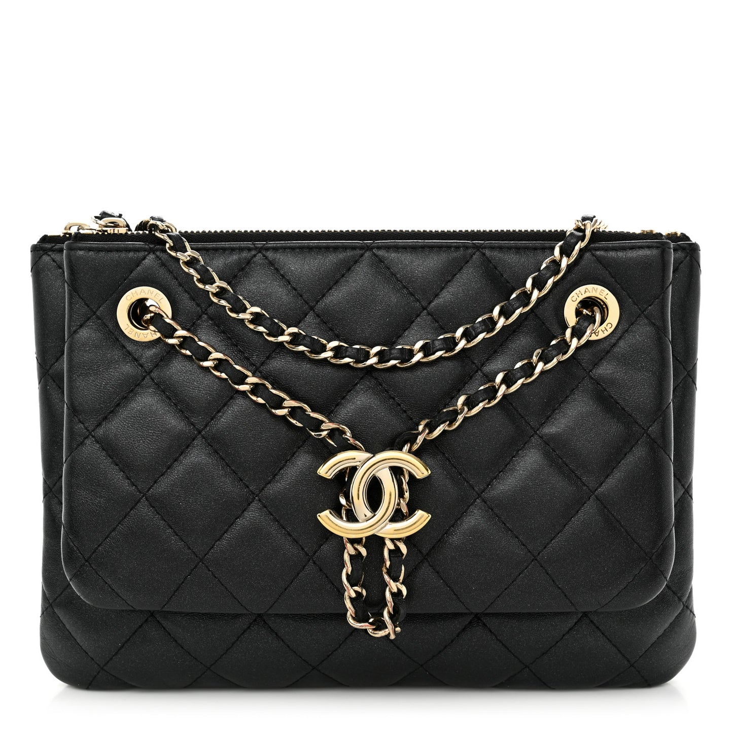 Shiny Lambskin Quilted Medium Double Case With Strap Black
