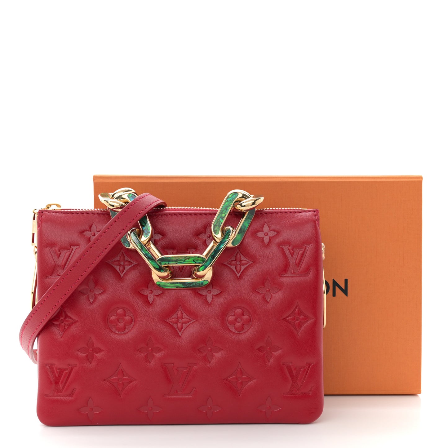 Mother of Pearl Lambskin Embossed Monogram Coussin BB Red Green