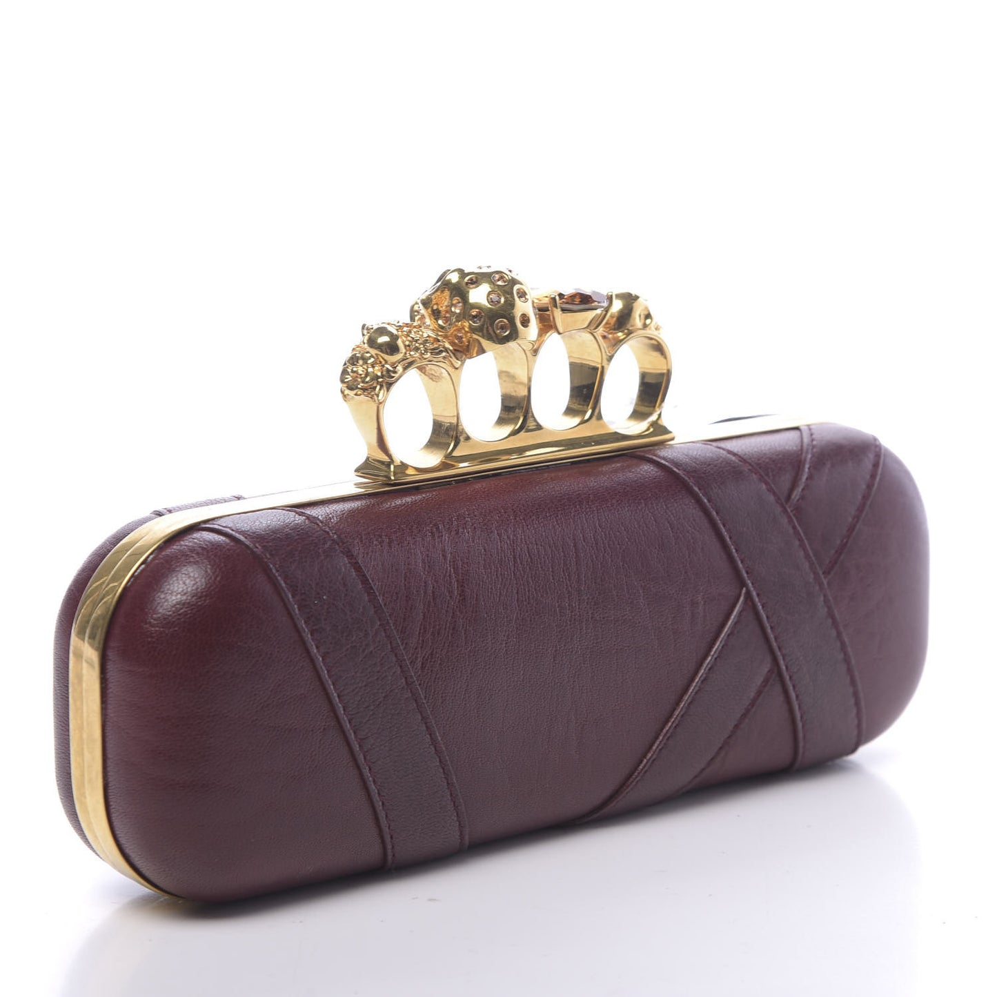 Nappa Buckle Skull Knuckle Box Clutch Burgundy