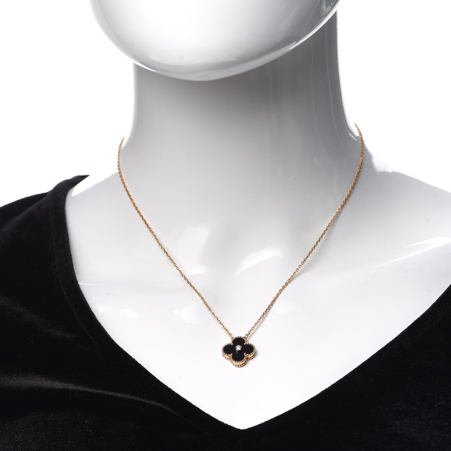 Van Cleef & Arpels 18K Rose Gold Diamond Black Onyx Vintage Alhambra Pendant Necklace 2 of 7
