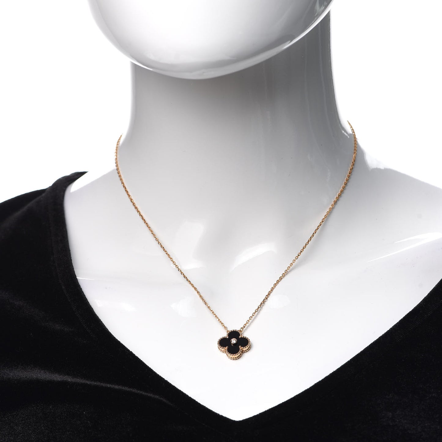 18K Rose Gold Diamond Black Onyx Vintage Alhambra Pendant Necklace