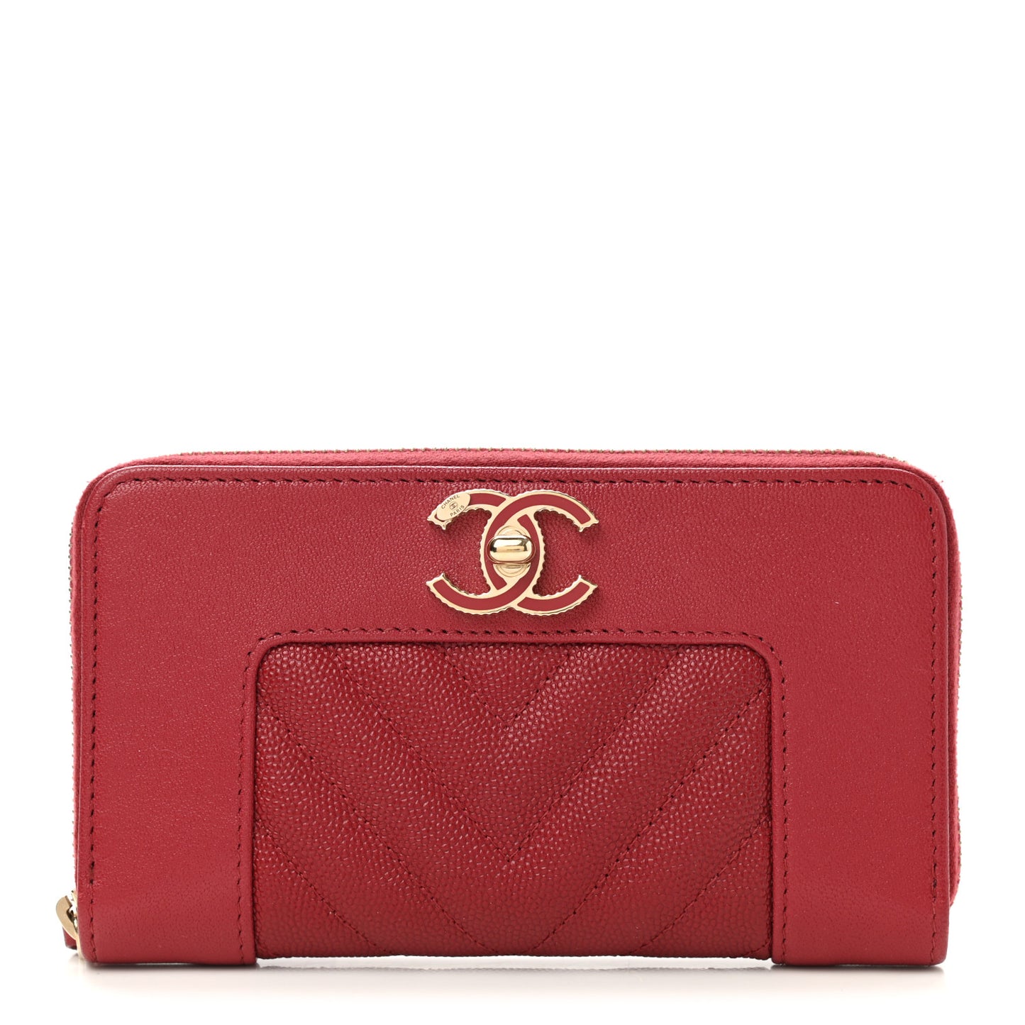 Sheepskin Caviar Chevron Quilted Medium Mademoiselle Vintage Zip Around Wallet Red