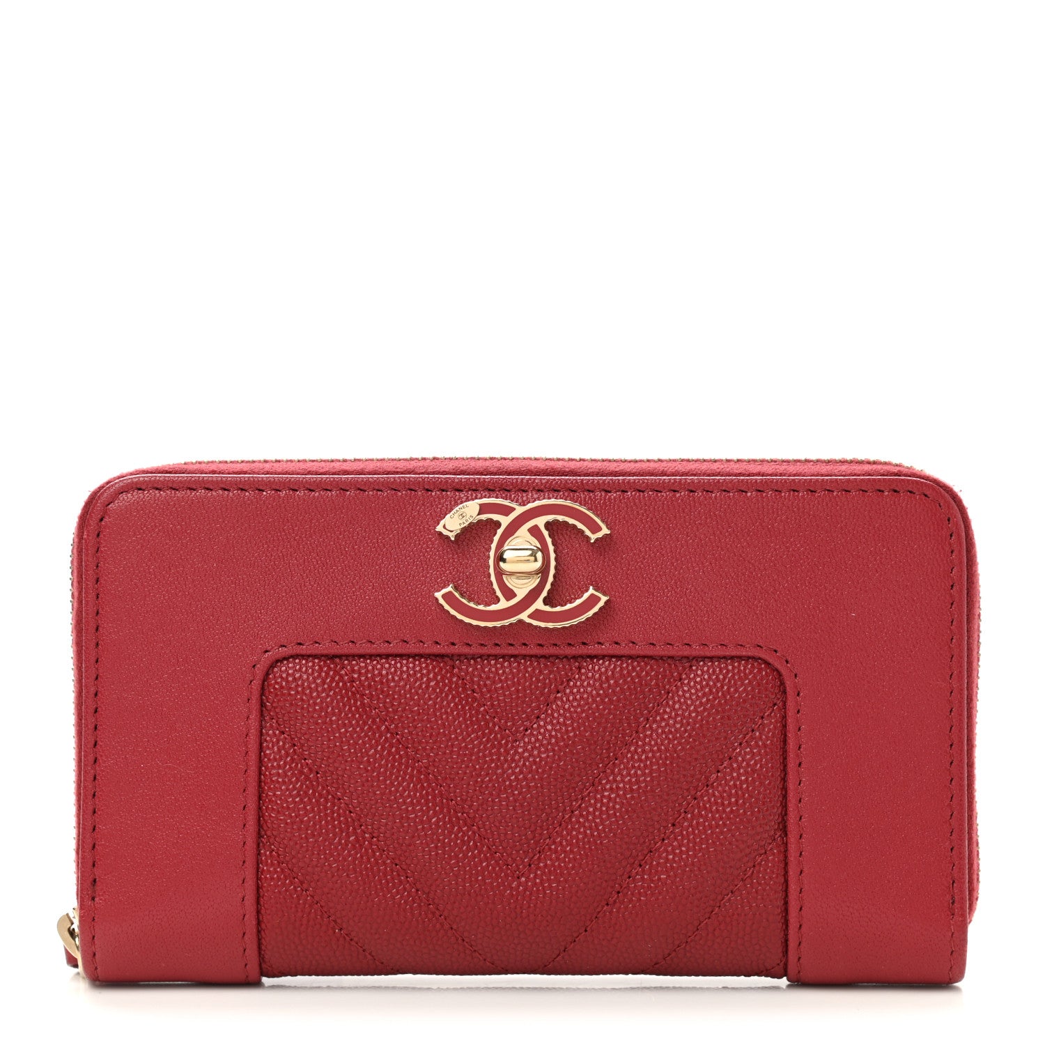 Chanel Sheepskin Caviar Chevron Quilted Medium Mademoiselle Vintage Zip Around Wallet Red 1 of 11