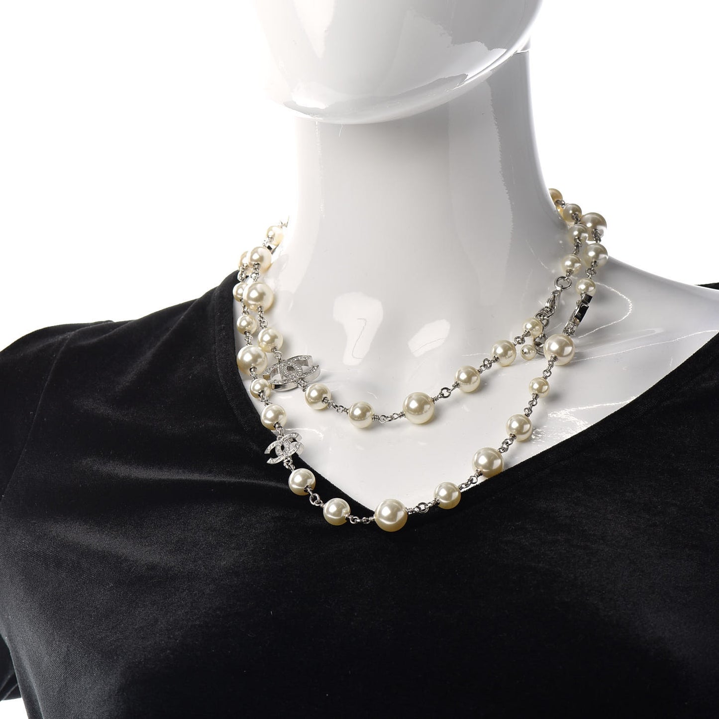 Crystal Pearl CC Long Necklace Silver