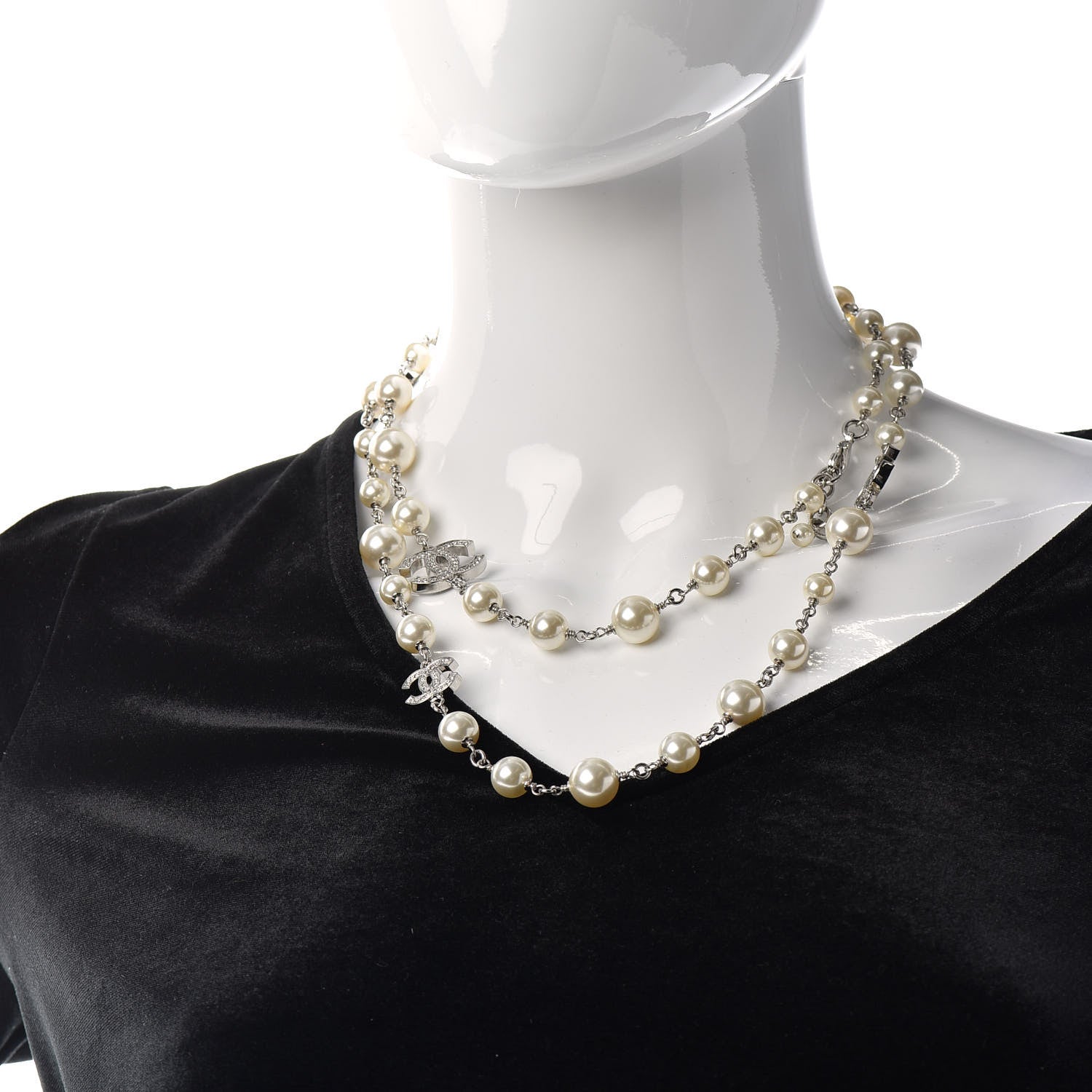 Chanel Crystal Pearl CC Long Necklace Silver 2 of 5