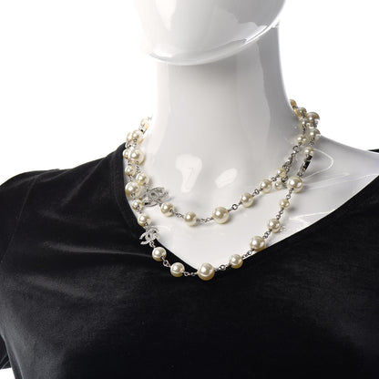 Chanel Crystal Pearl CC Long Necklace Silver 2 of 5