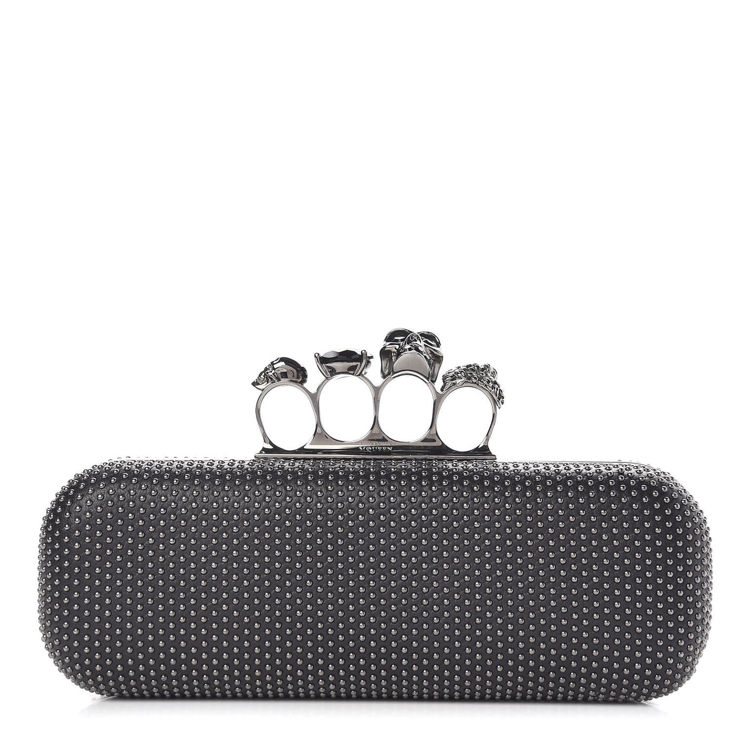 Nappa Studded Skull Knuckle Box Clutch Black