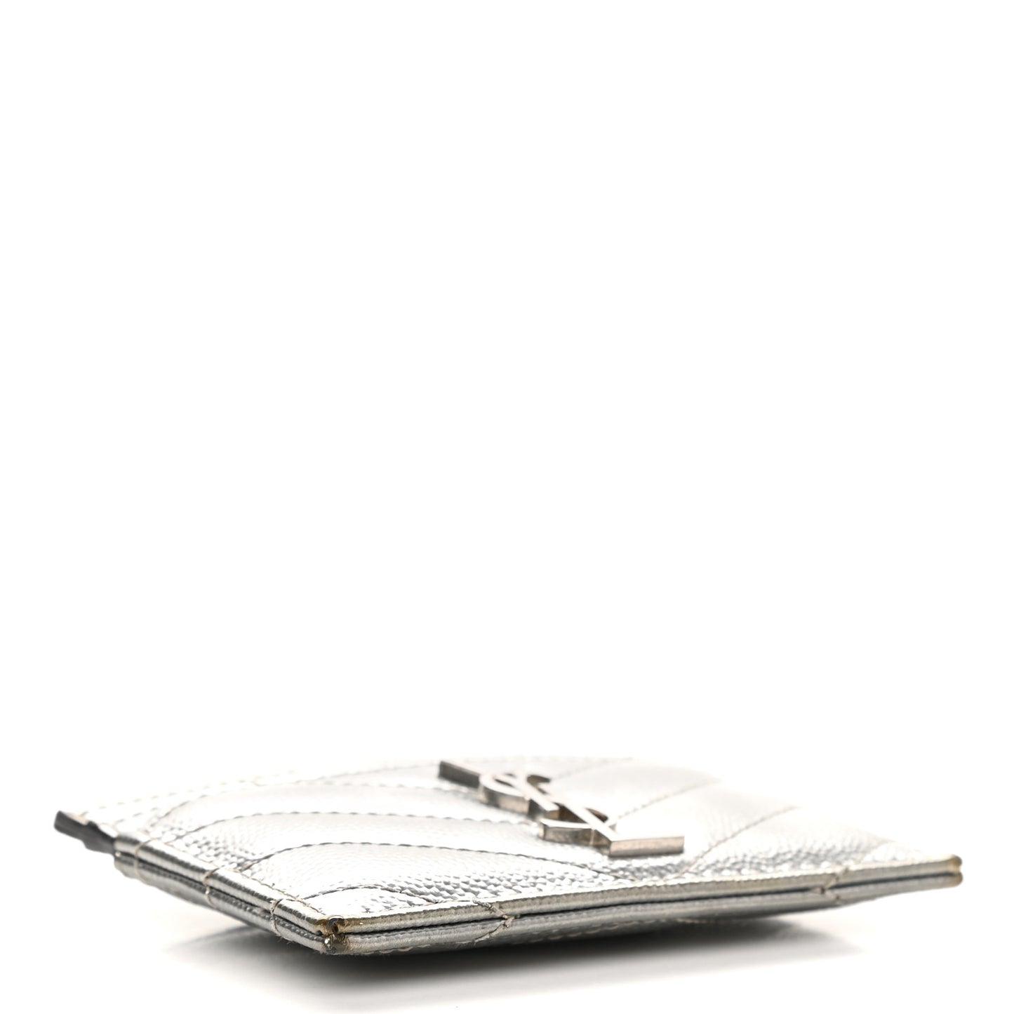Metallic Grain De Poudre Matelasse Chevron Monogram Credit Card Case Argento