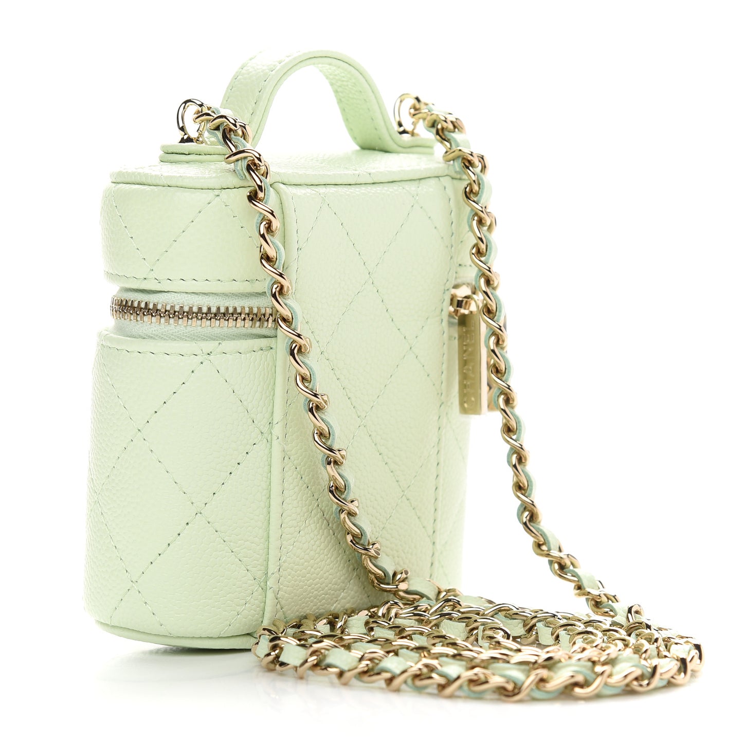 Caviar Quilted Small Handle With Care Vanity Case With Chain Light Green