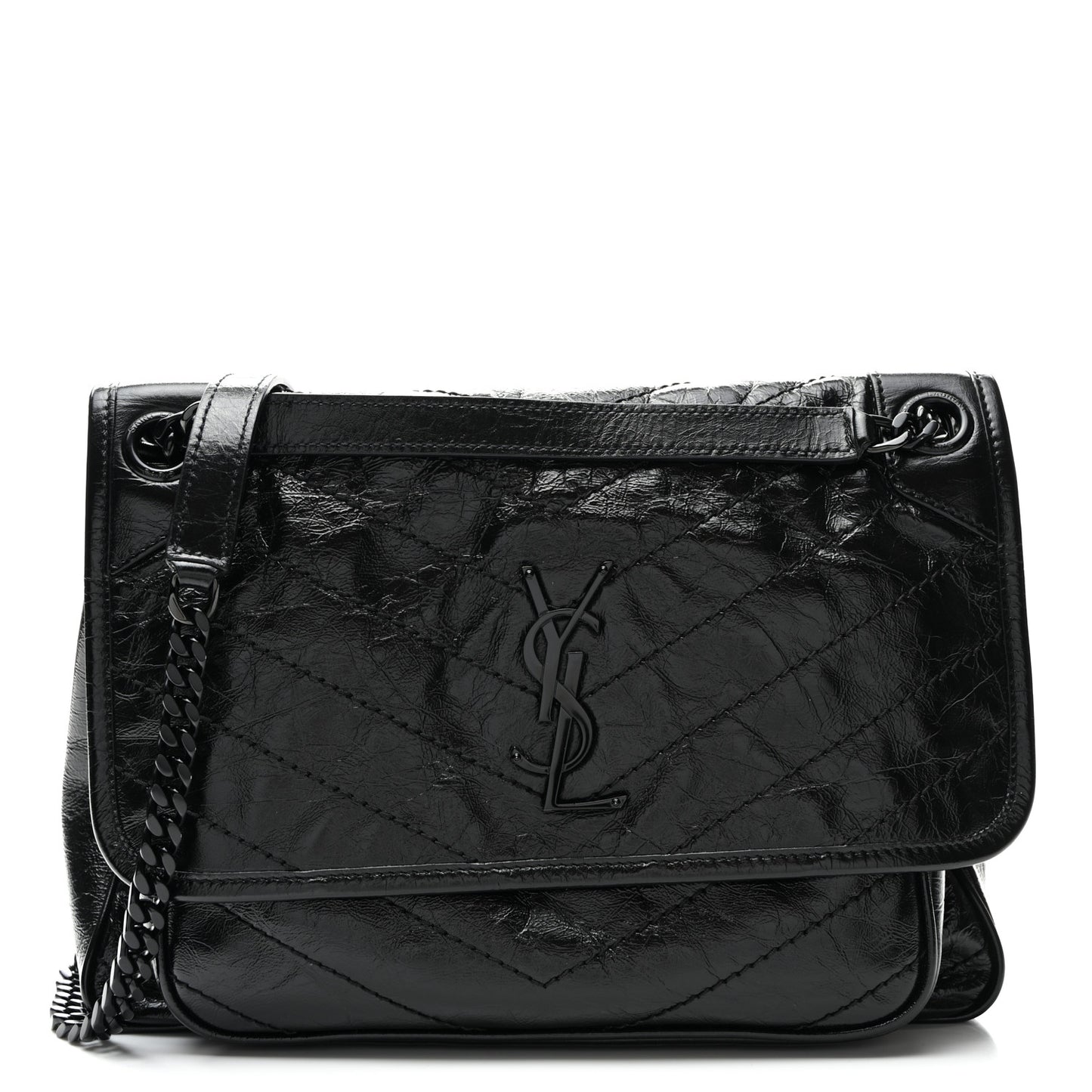 Crinkled Calfskin Matelasse Monogram Medium Niki Chain Satchel Black