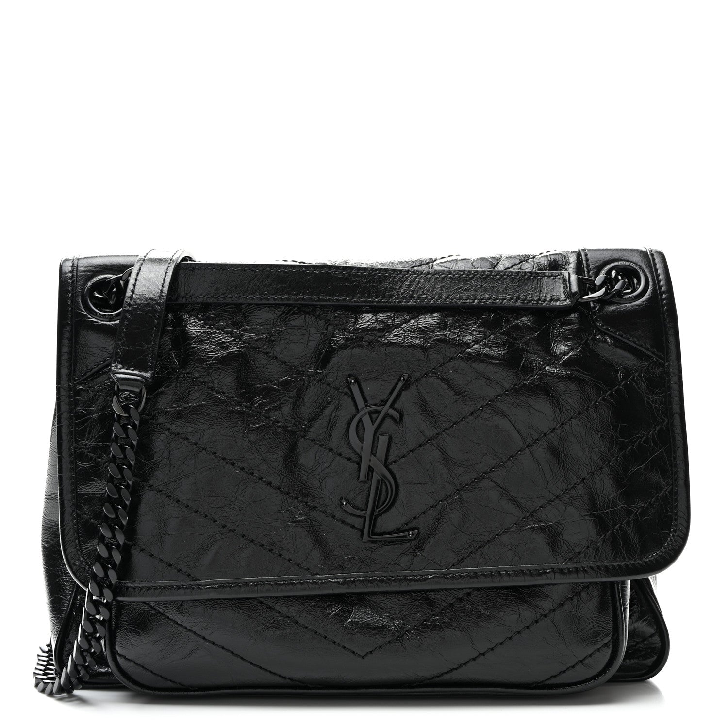 Saint Laurent Crinkled Calfskin Matelasse Monogram Medium Niki Chain Satchel Black 1 of 9