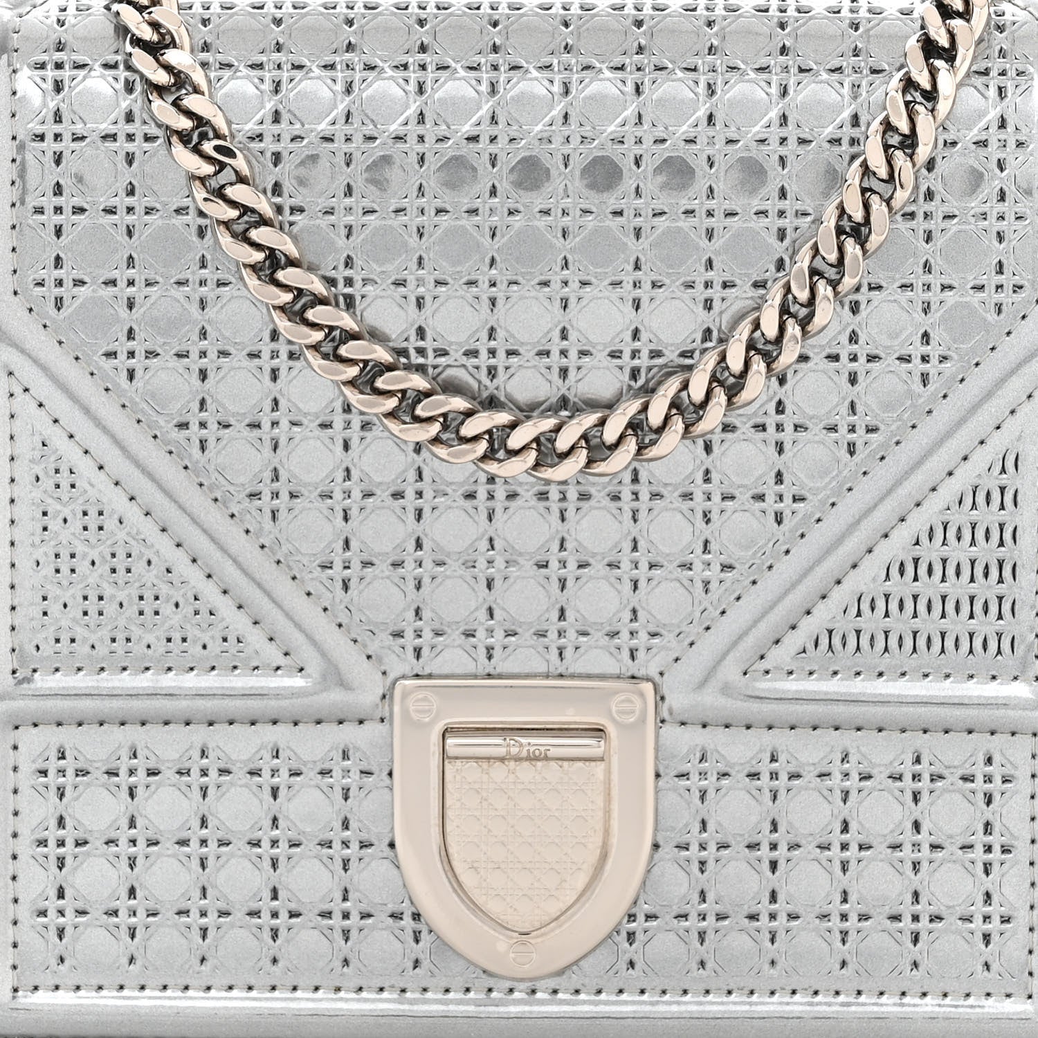 Christian Dior Metallic Patent Micro-Cannage Diorama Wallet on Chain Pouch Silver 8 of 11