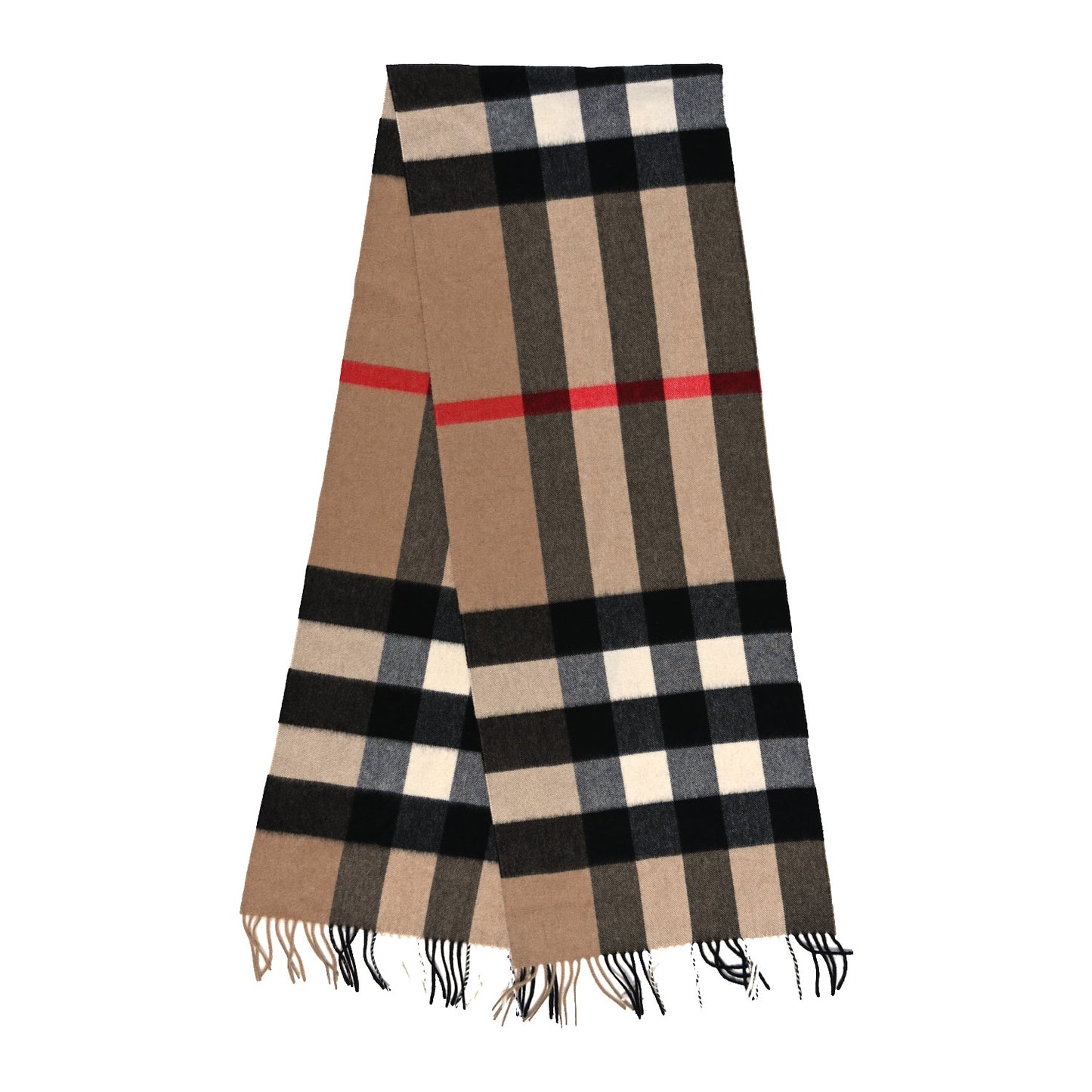 Cashmere Giant Check Fringe Scarf Camel