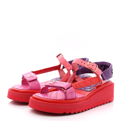 Chanel Lambskin Logo Platform Sandals 37 Red Purple Orange 3 of 10