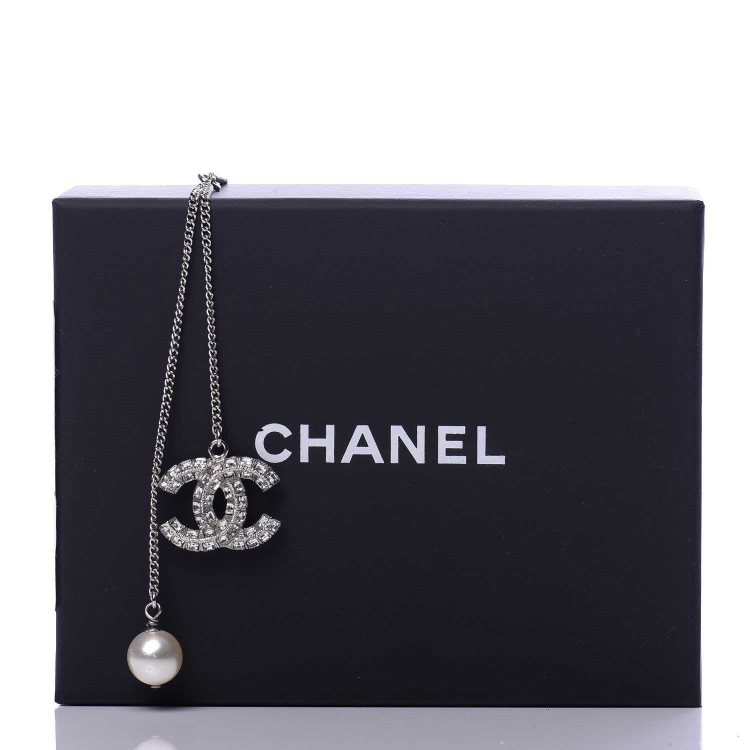 Chanel Baguette Crystal Pearl CC Lariat Necklace Silver 5 of 5