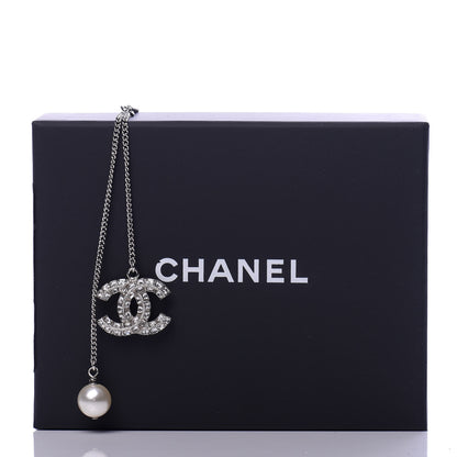 Chanel Baguette Crystal Pearl CC Lariat Necklace Silver 5 of 5