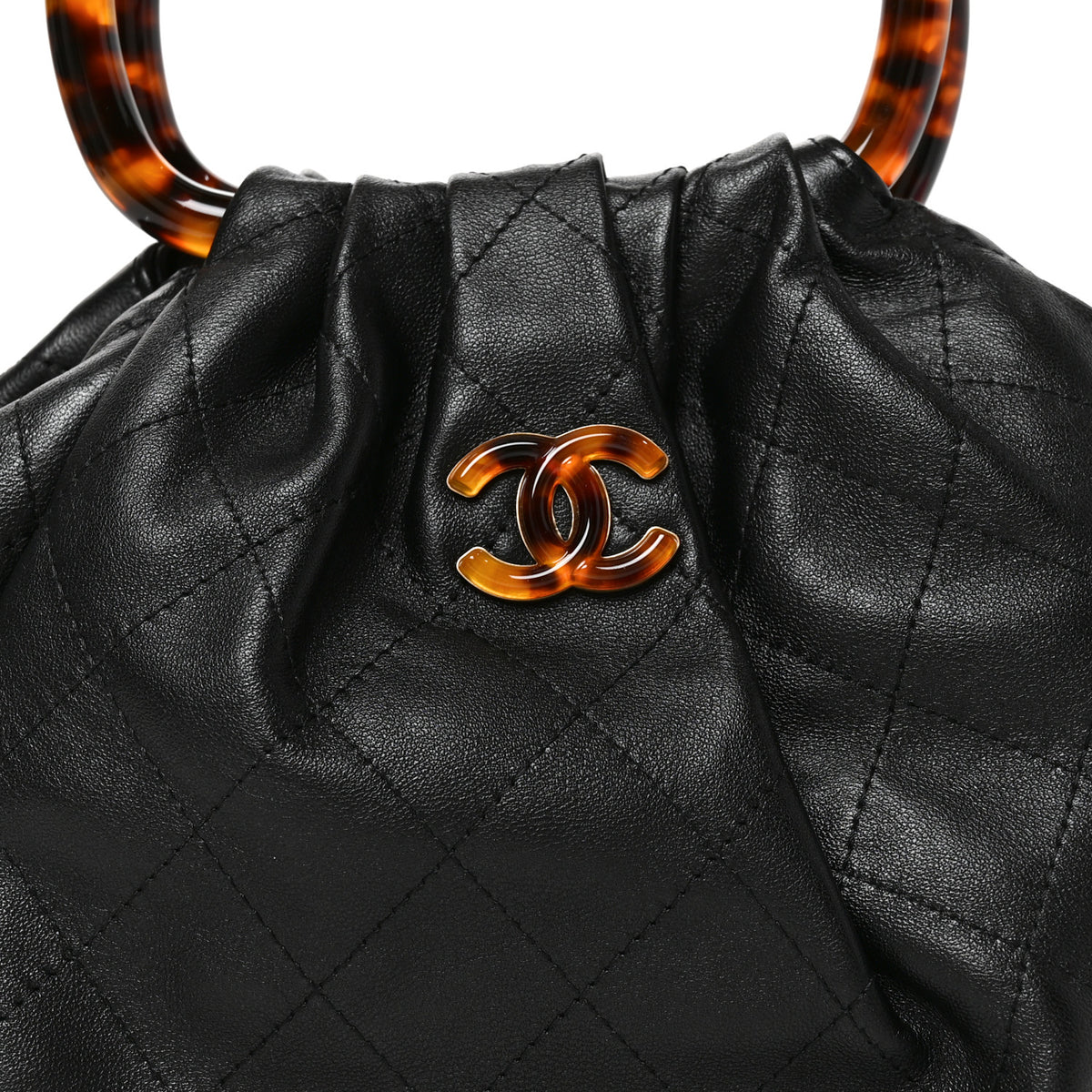 Lambskin Plexiglass Tortoise Shell Quilted Mini Pouch Black