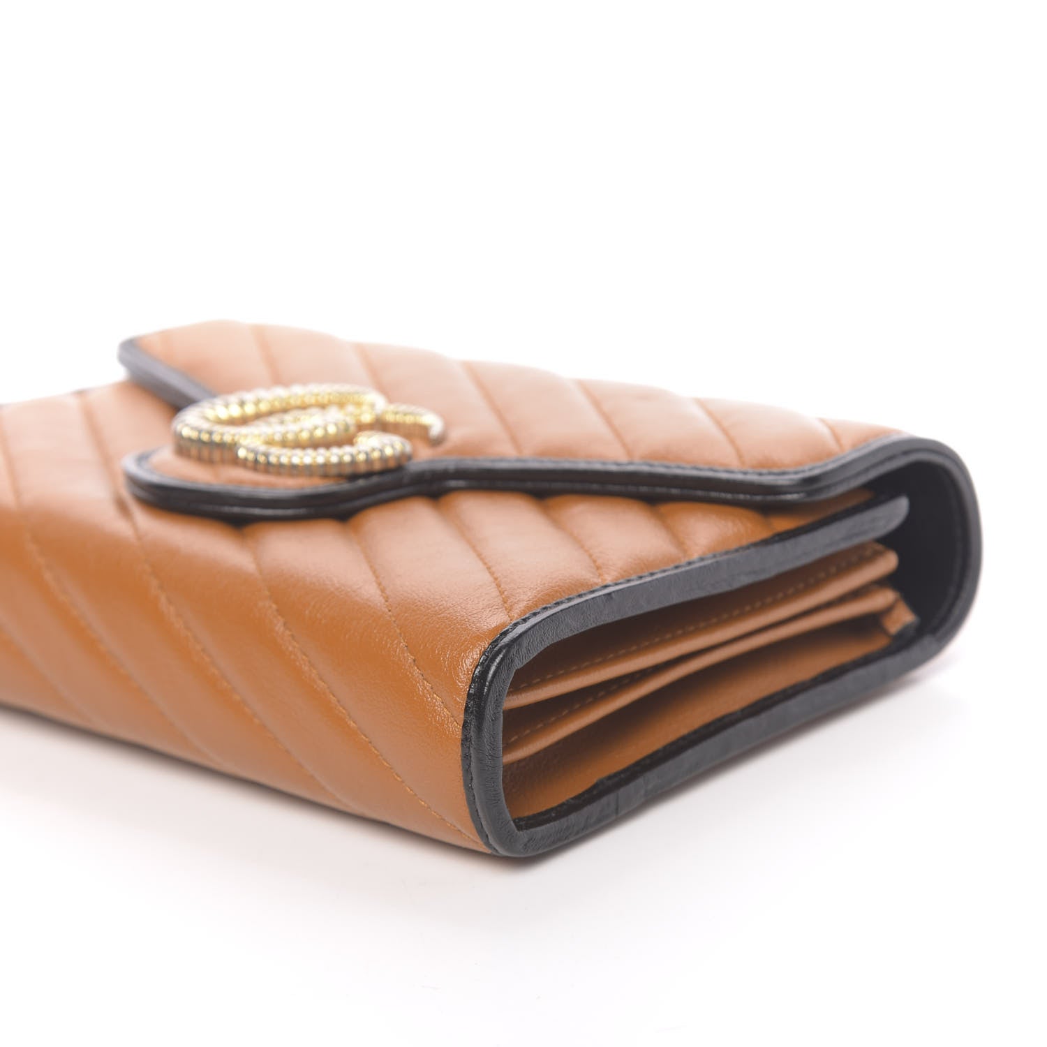 Gucci Vintage Effect Calfskin Matelasse Diagonal Torchon GG Marmont Chain Wallet Cognac 9 of 10