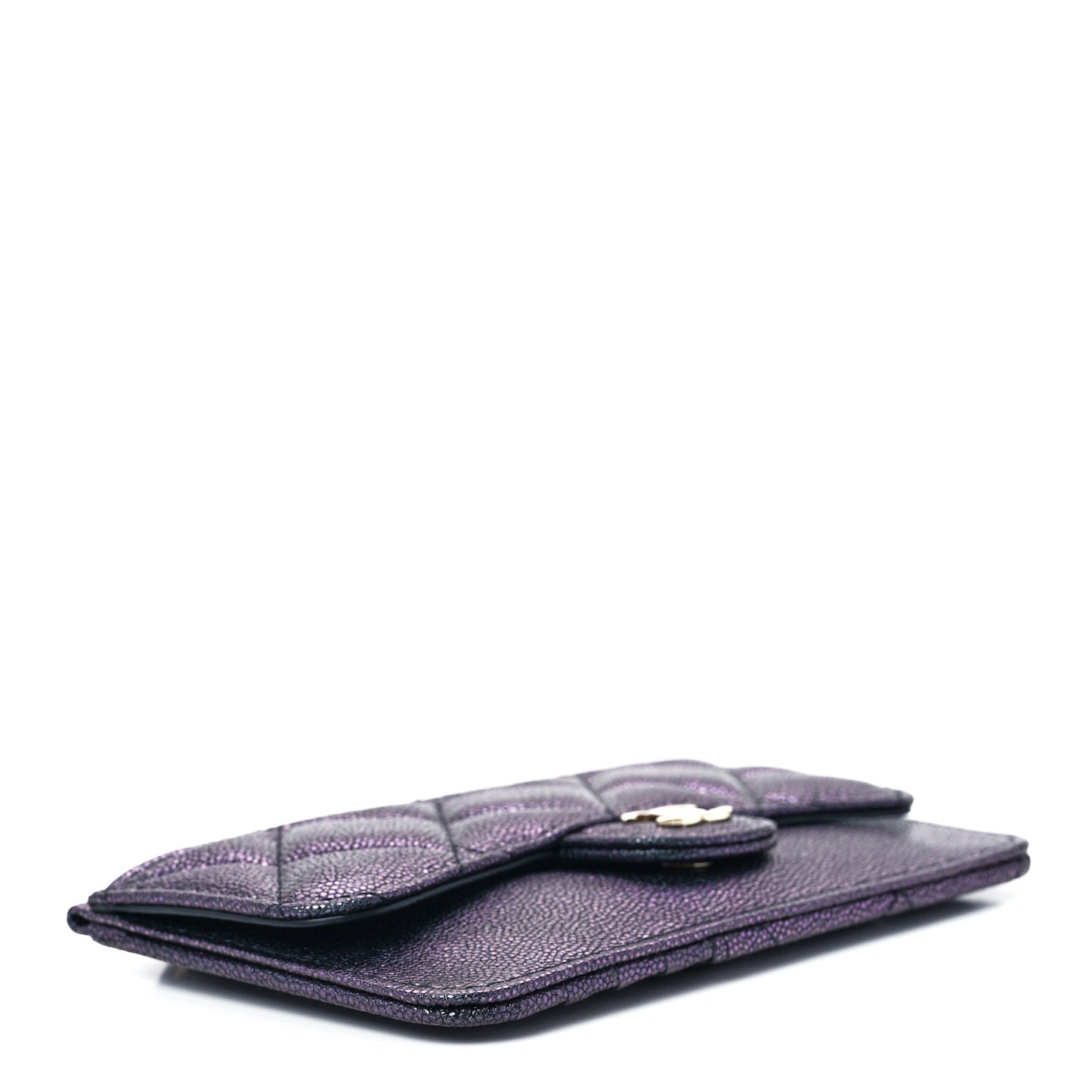 Iridescent Caviar Quilted Flap Zip Card Holder Black