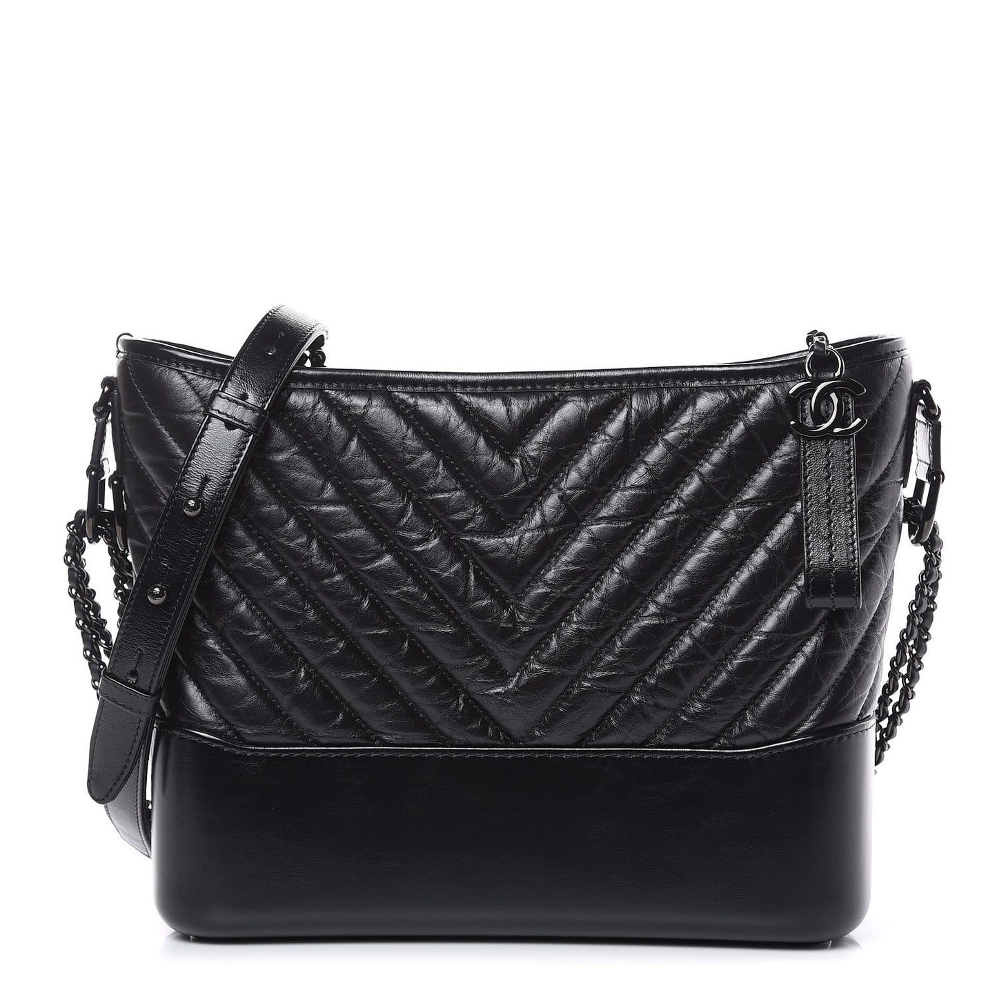 Aged Calfskin Chevron Quilted Medium Gabrielle Hobo Black