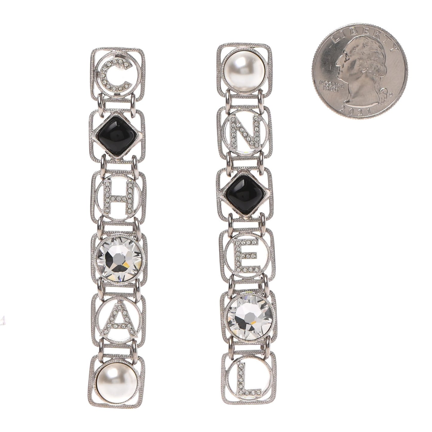 Crystal Pearl Resin Chanel Logo Drop Earrings Silver Pearly White Black