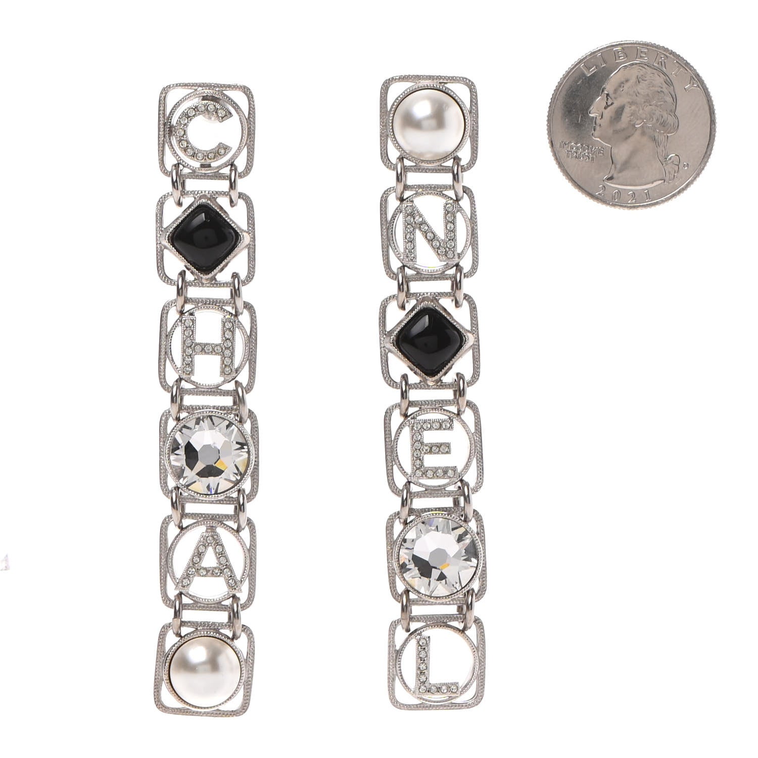 Chanel Crystal Pearl Resin Chanel Logo Drop Earrings Silver Pearly White Black 2 of 4