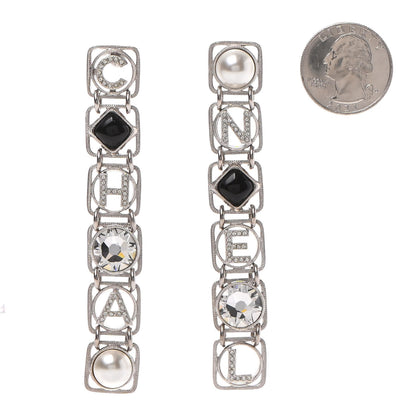 Chanel Crystal Pearl Resin Chanel Logo Drop Earrings Silver Pearly White Black 2 of 4
