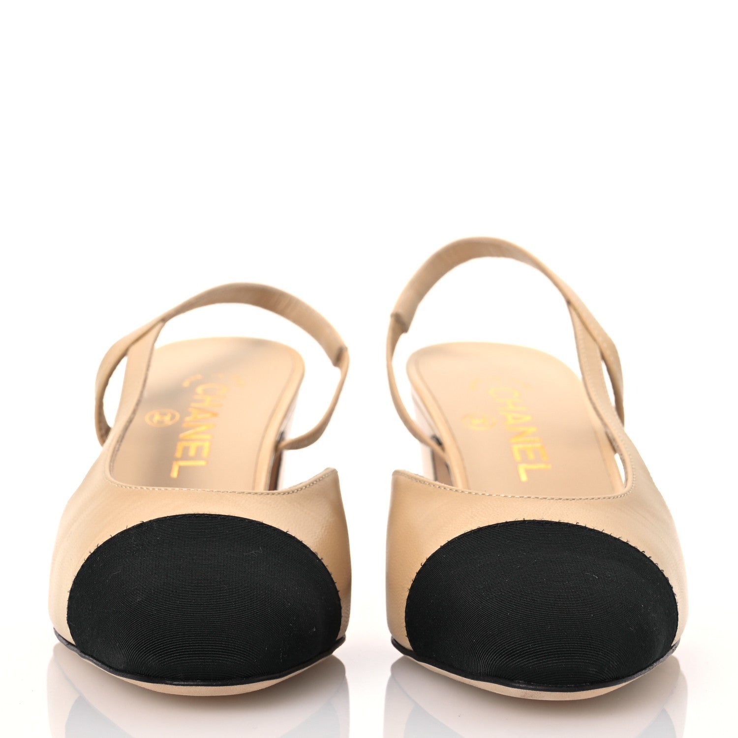 Chanel Goatskin Grosgrain Cap Toe CC Slingback Pumps 37.5 Beige Black 2 of 9