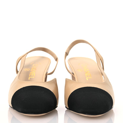 Chanel Goatskin Grosgrain Cap Toe CC Slingback Pumps 37.5 Beige Black 2 of 9