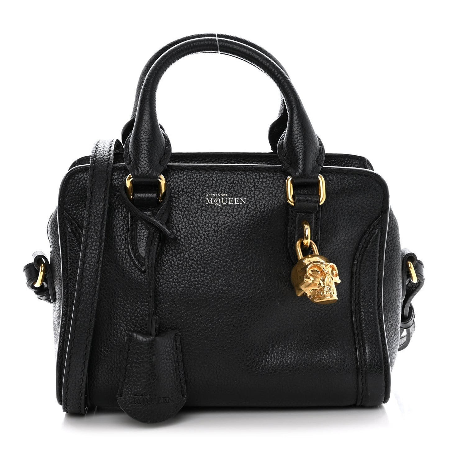 Pebbled Calfskin Mini Skull Padlock Zip Around Tote Black