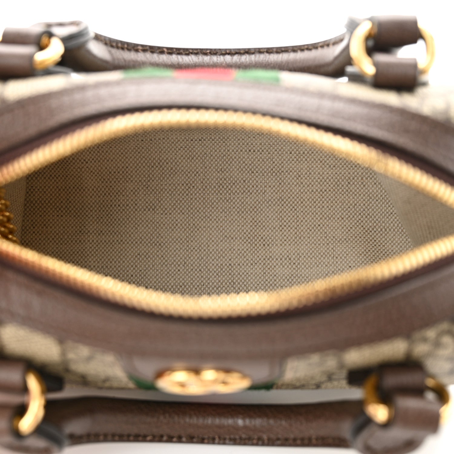 Gucci GG Supreme Monogram Textured Dollar Calfskin Web Super Mini Ophidia Top Handle Bowler Bag Beige Ebony New Acero 5 of 11