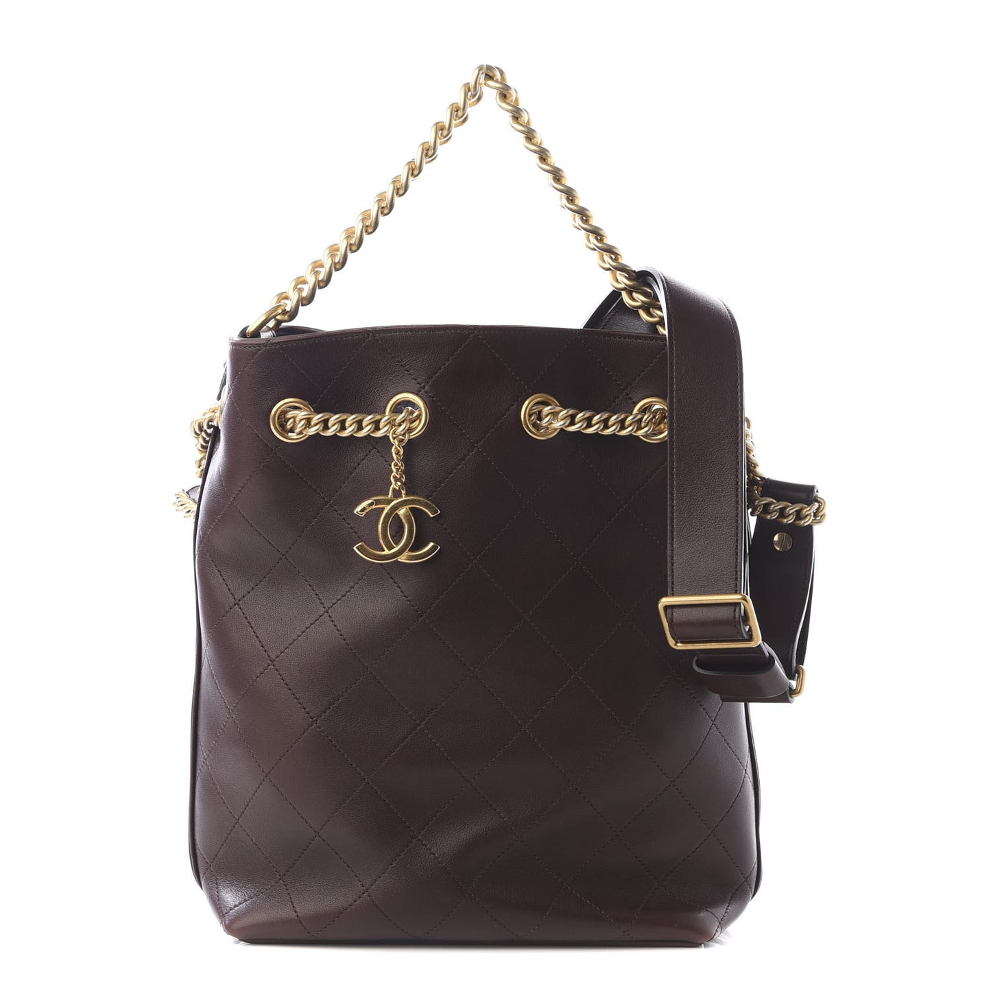 Calfskin Quilted Small On My Shoulder Drawstring Bag Brown