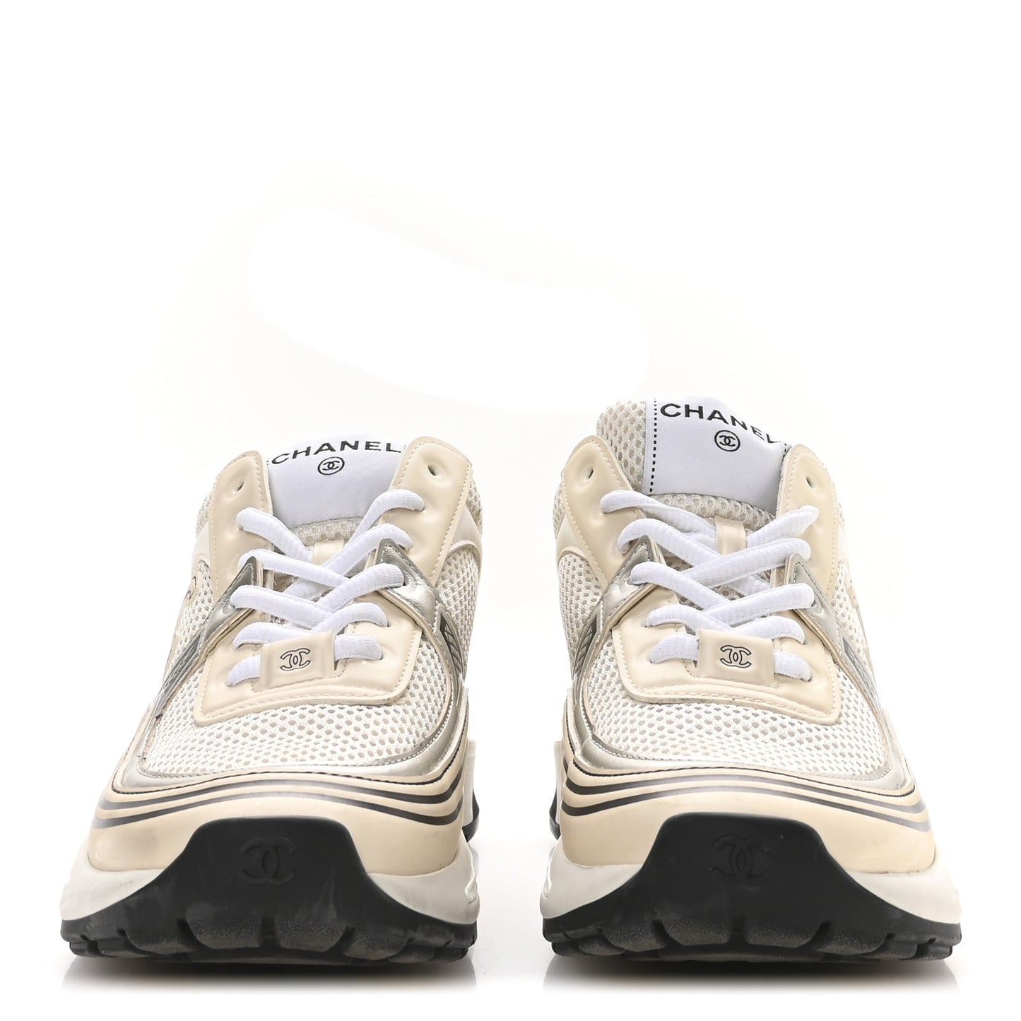 Fabric Laminated Calfskin Stretch CC Sneakers 37 Ivory White Silver