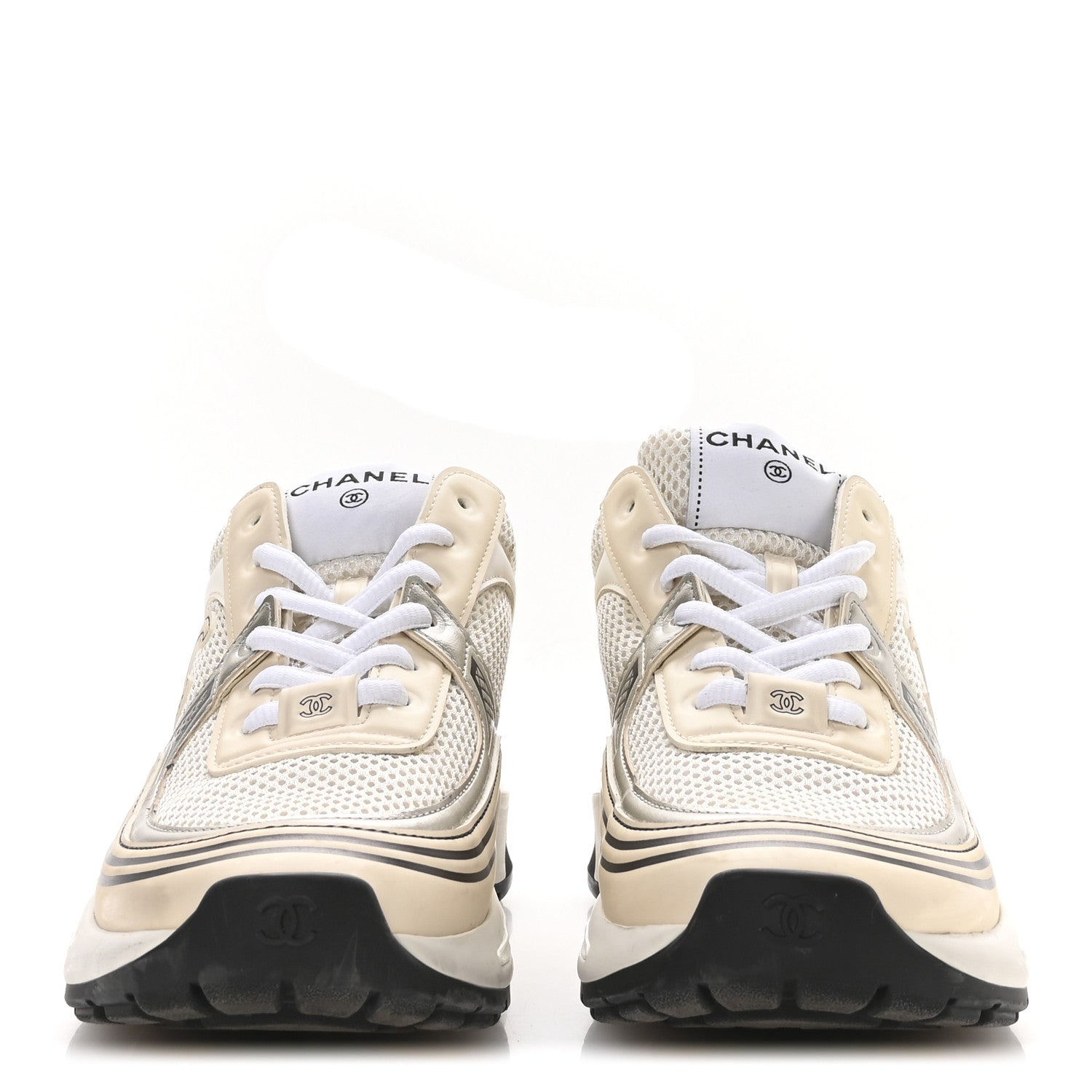 Chanel Fabric Laminated Calfskin Stretch CC Sneakers 37 Ivory White Silver 3 of 9