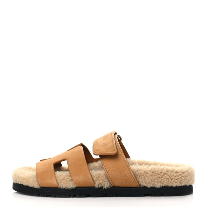 Hermes Suede Goatskin Woolskin Womens Chypre Sandals 36.5 Golden Beige 1 of 9