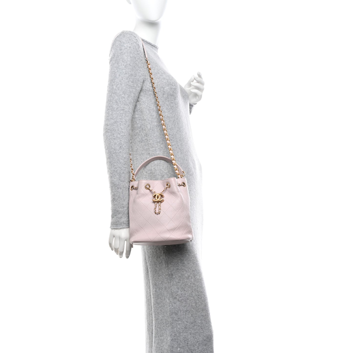 Shiny Lambskin Quilted Fashion Therapy Bucket Drawstring Bag Light Pink
