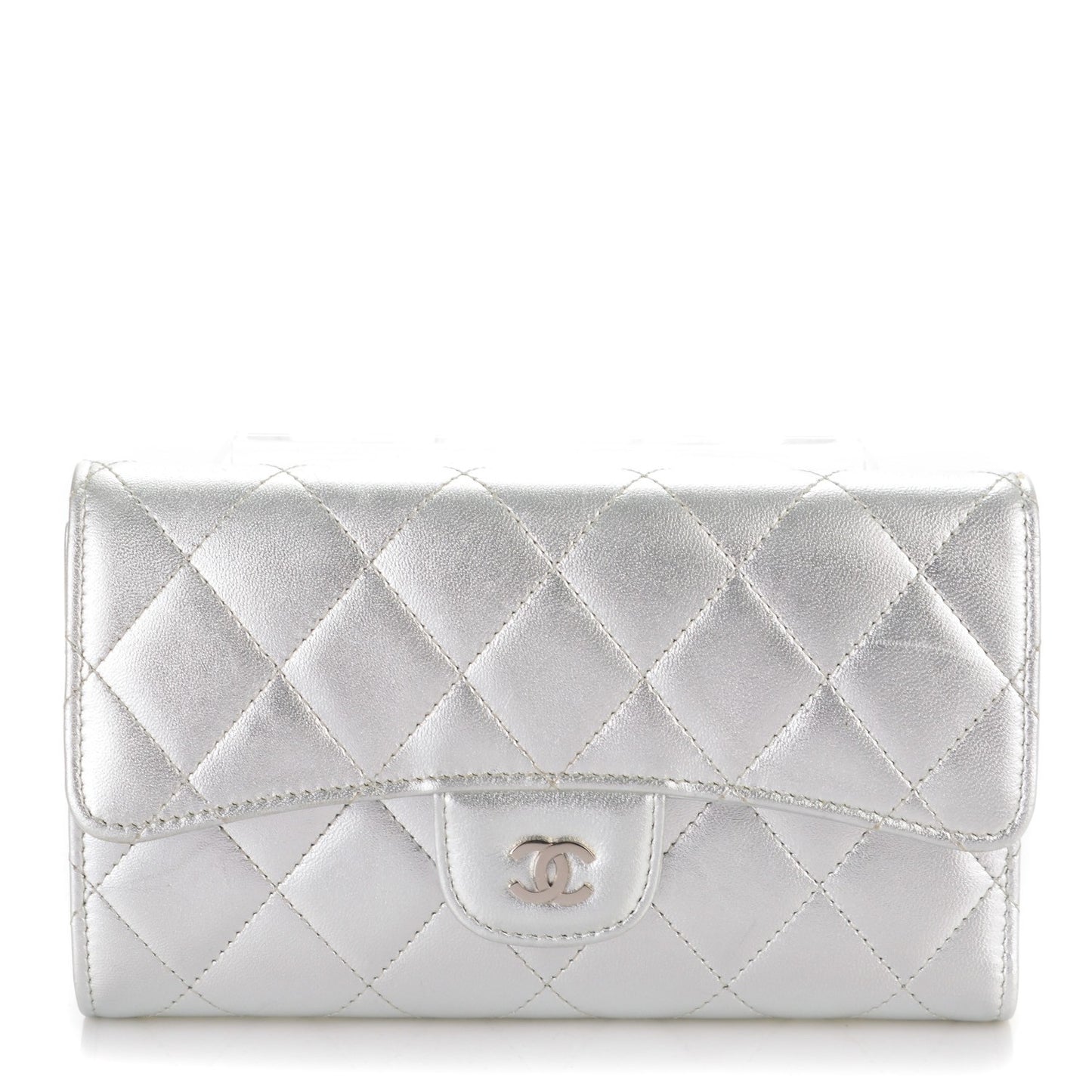 Metallic Lambskin Quilted Large Flap Wallet Silver