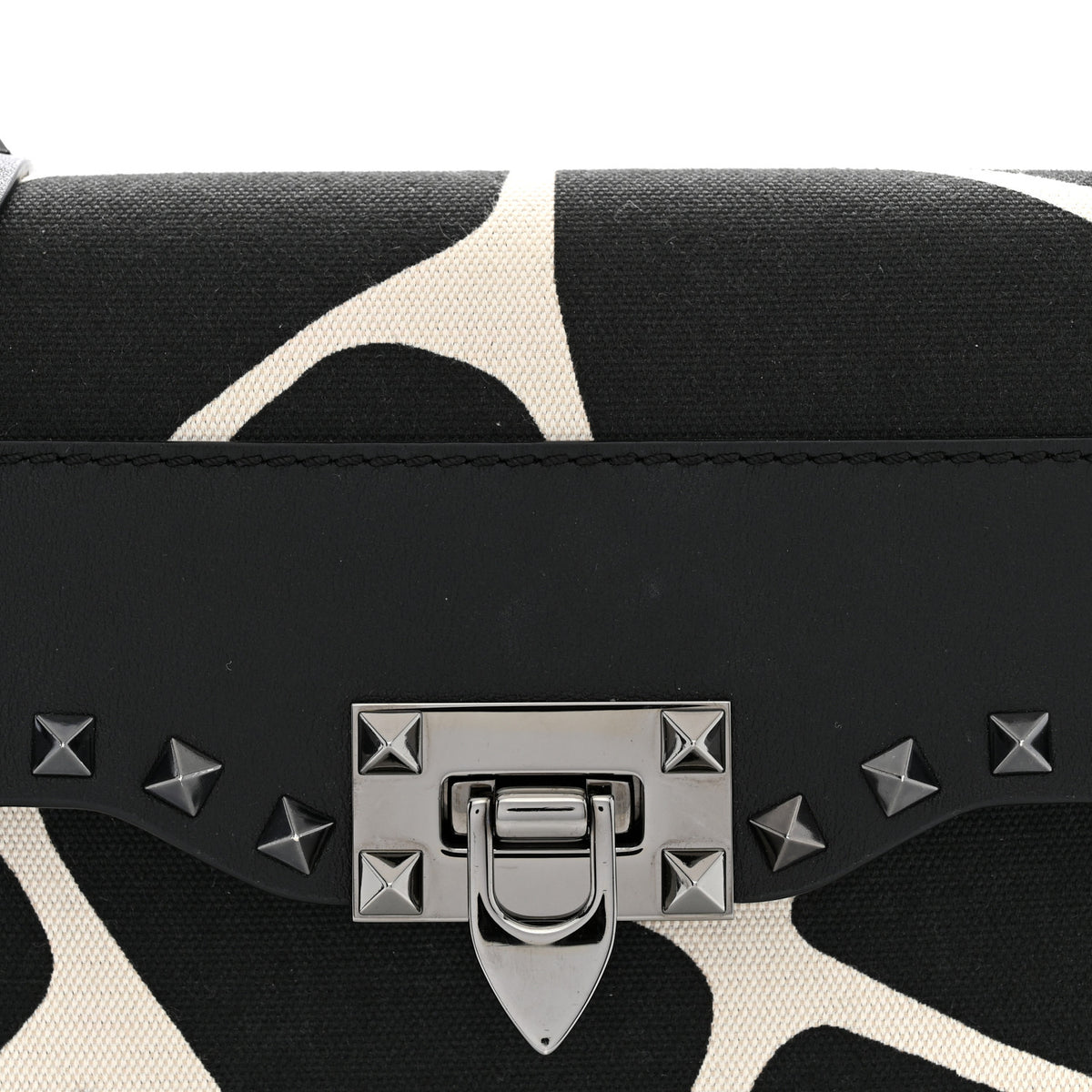 Valentino Garavani Calfskin Canvas Giraffe Print Medium Rockstud Flip Lock Crossbody Bag Black White 7 of 11