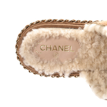 Chanel Kid Suede Shearling CC Chain Mules 37.5 Light Brown Black 7 of 8