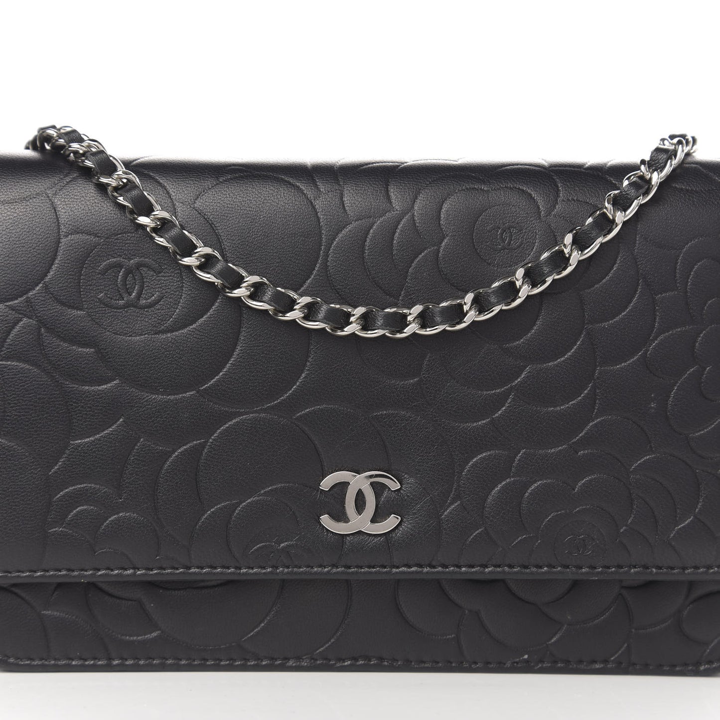 Goatskin Camellia Embossed Wallet on Chain WOC Black