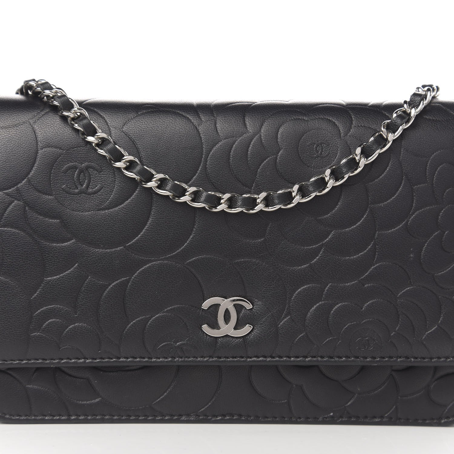 Chanel Goatskin Camellia Embossed Wallet on Chain WOC Black 14 of 15