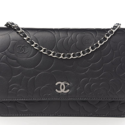 Chanel Goatskin Camellia Embossed Wallet on Chain WOC Black 14 of 15