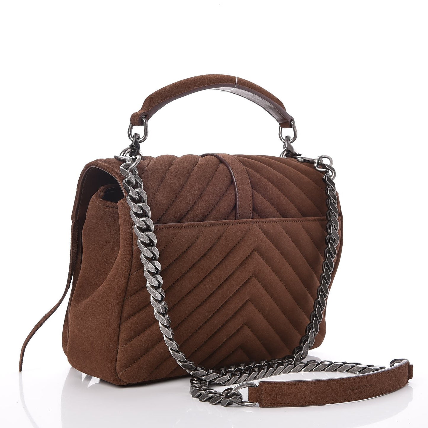 Suede Matelasse Chevron Fringe Monogram Medium College Bag Marron Clair